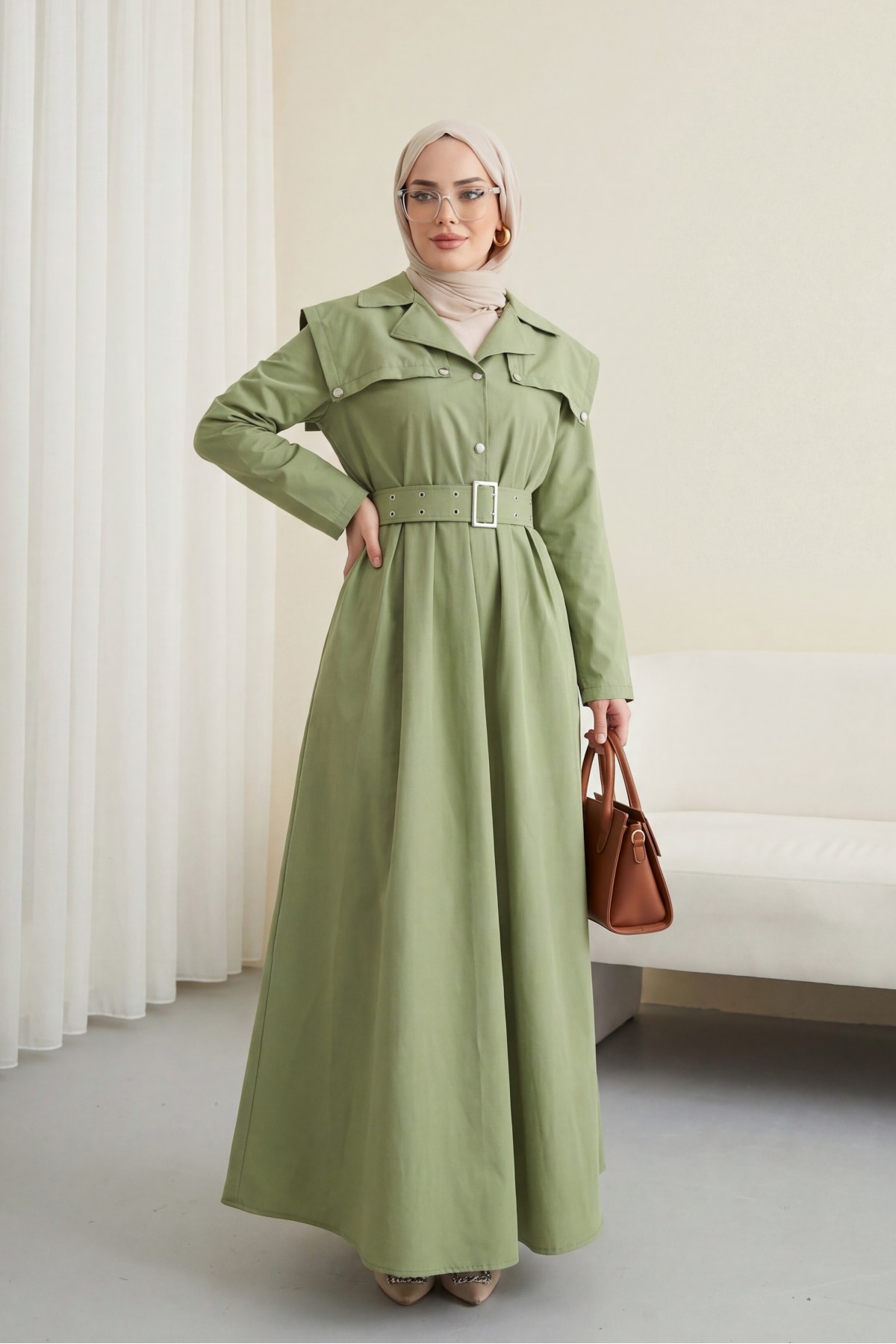 Yarım Düğmeli Yakalı Yan Cepli Kemerli Pamuk Saten Elbise  -Çağla Y.