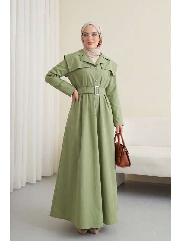 Yarım Düğmeli Yakalı Yan Cepli Kemerli Pamuk Saten Elbise  -Çağla Y.