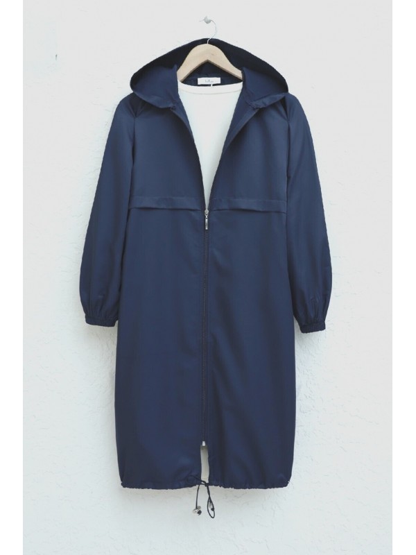 Boydan Fermuarlı Kapşonlu Uzun Yağmurluk -Laci