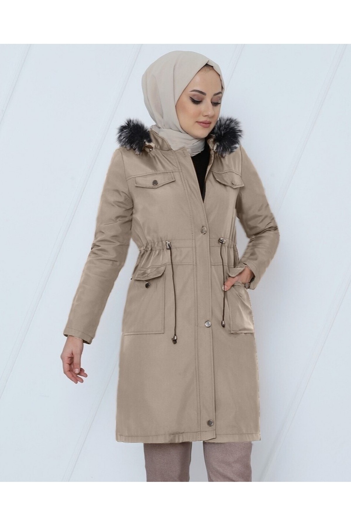 Çıkma Kapşonlu Bağcıklı Bondit Kısa Kaban   -Taş