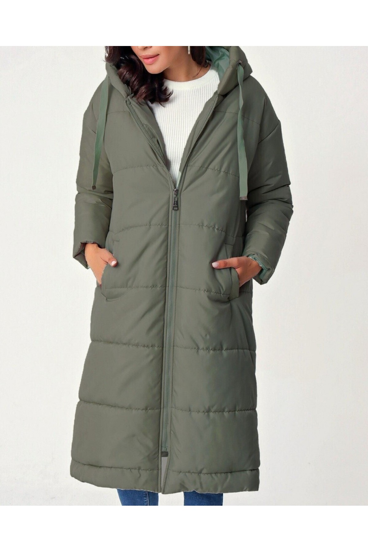 Sabit Kapşonlu Kuş Gözü Detaylı Uzun Kaban   -Haki