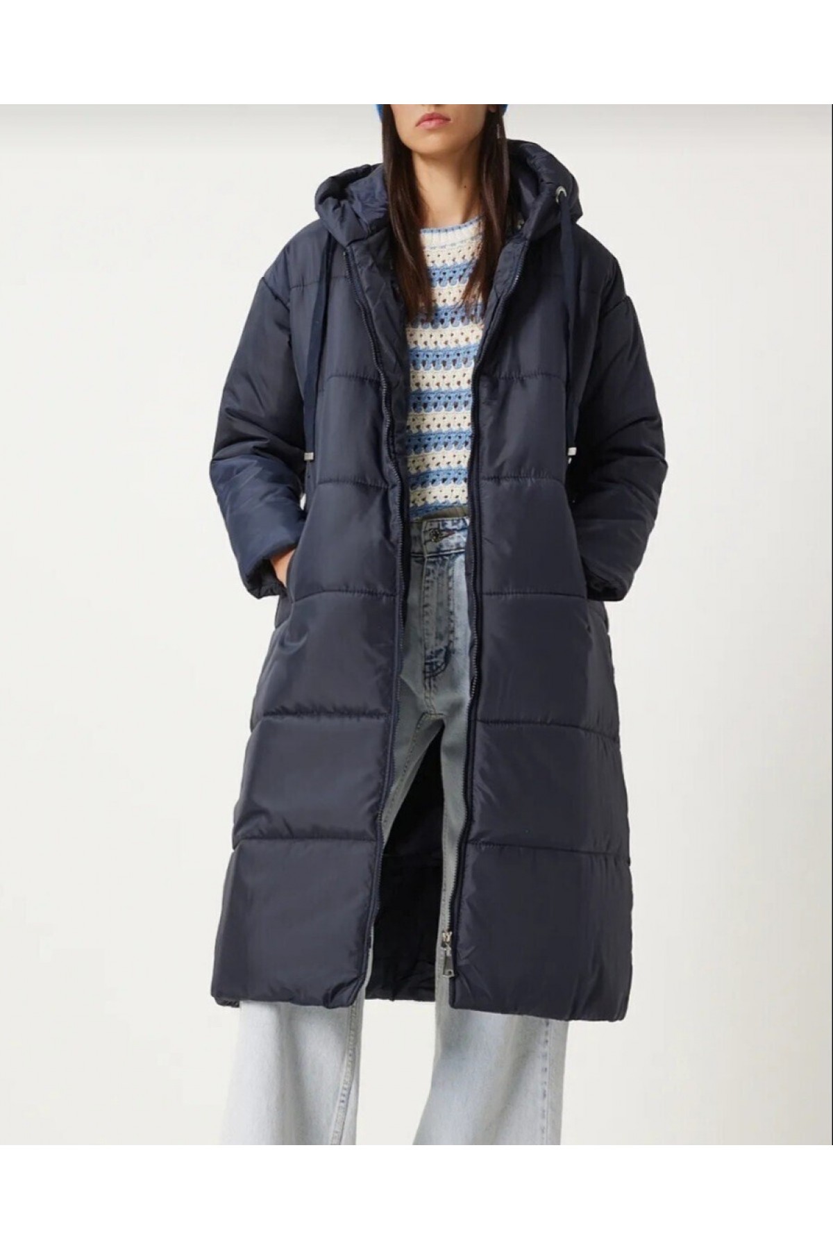 Sabit Kapşonlu Kuş Gözü Detaylı Uzun Kaban  -Laci