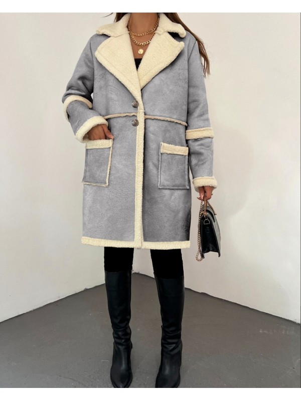 İçi Kürklü Çift Düğmeli Cepli Süet Kaban -Gri