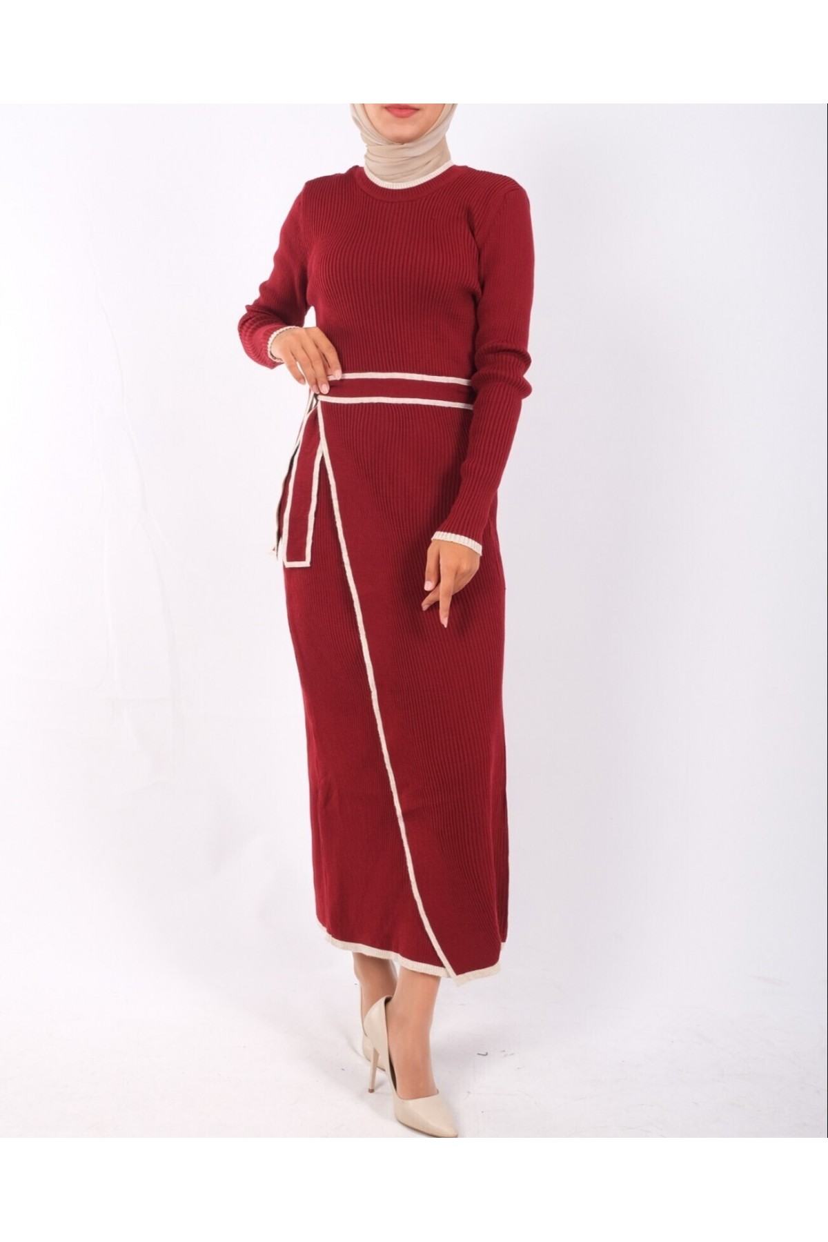 Yandan Bağlamalı Etekli Alerli Triko Elbise -Bordo