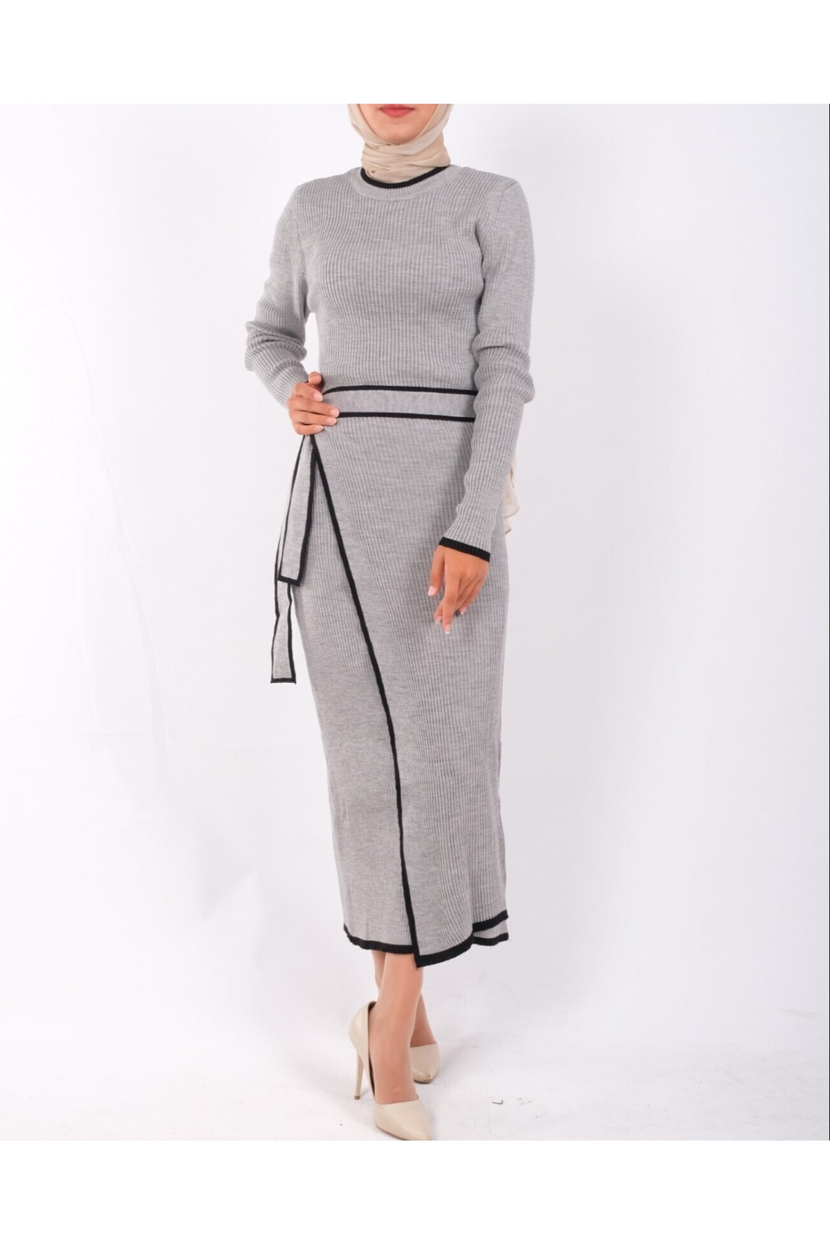 Yandan Bağlamalı Etekli Alerli Triko Elbise -Gri