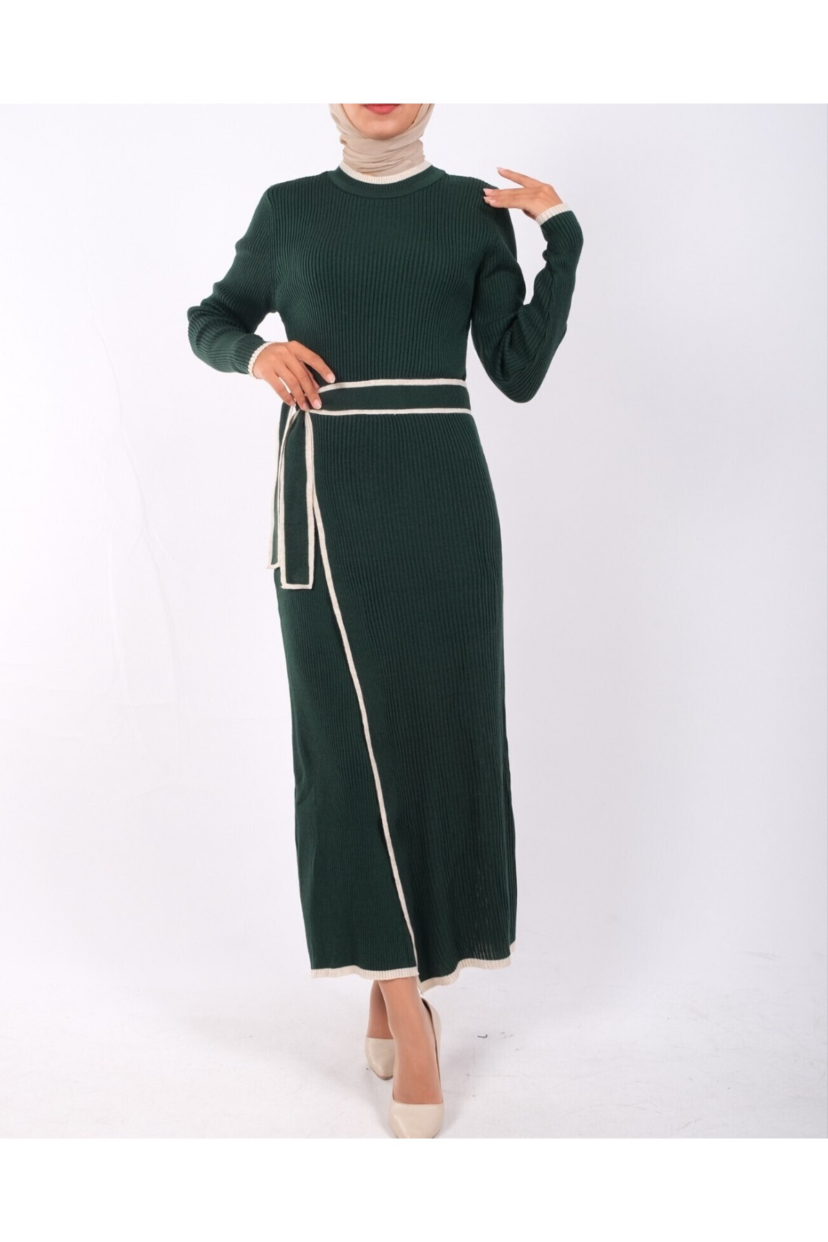 Yandan Bağlamalı Etekli Alerli Triko Elbise -Zümrüt