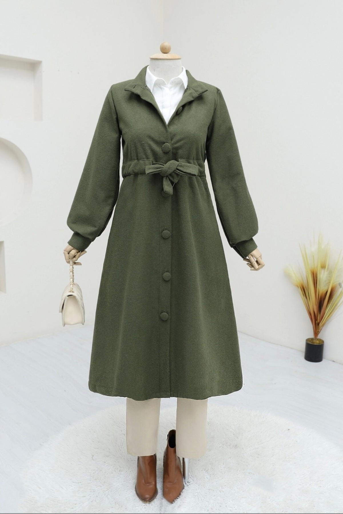 Belden Bağlamalı Top Düğmeli Kaşe Kaban -Haki