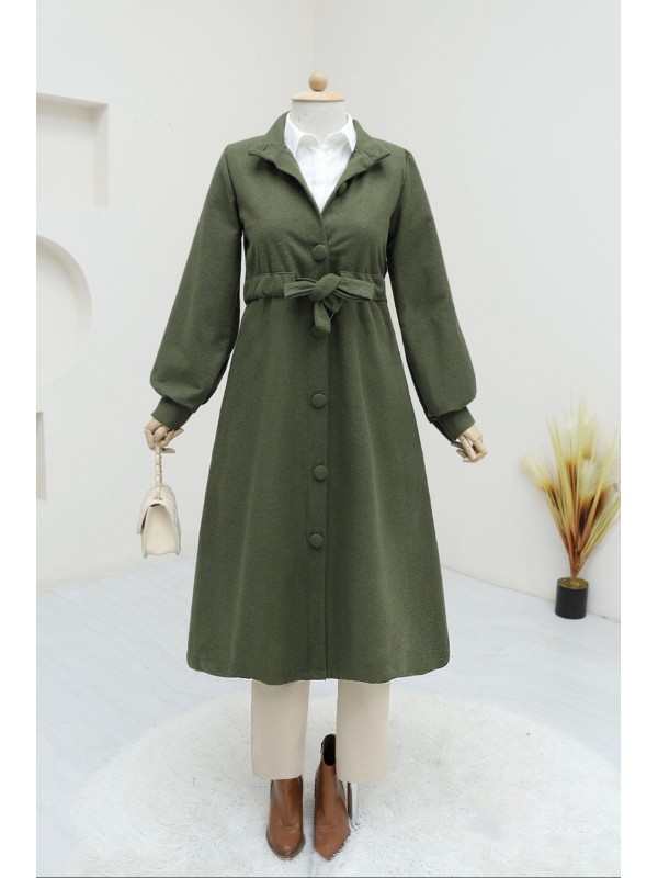 Belden Bağlamalı Top Düğmeli Kaşe Kaban -Haki