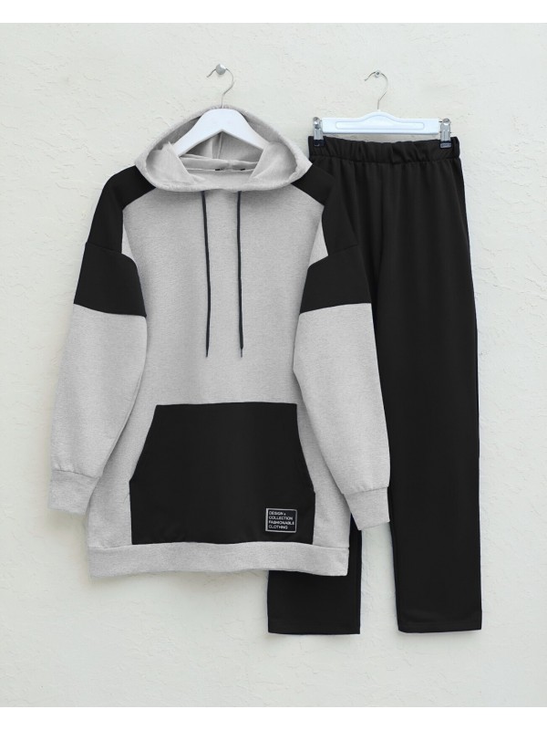 Kanguru Cepli Çift Renkli Takım  -Siyah