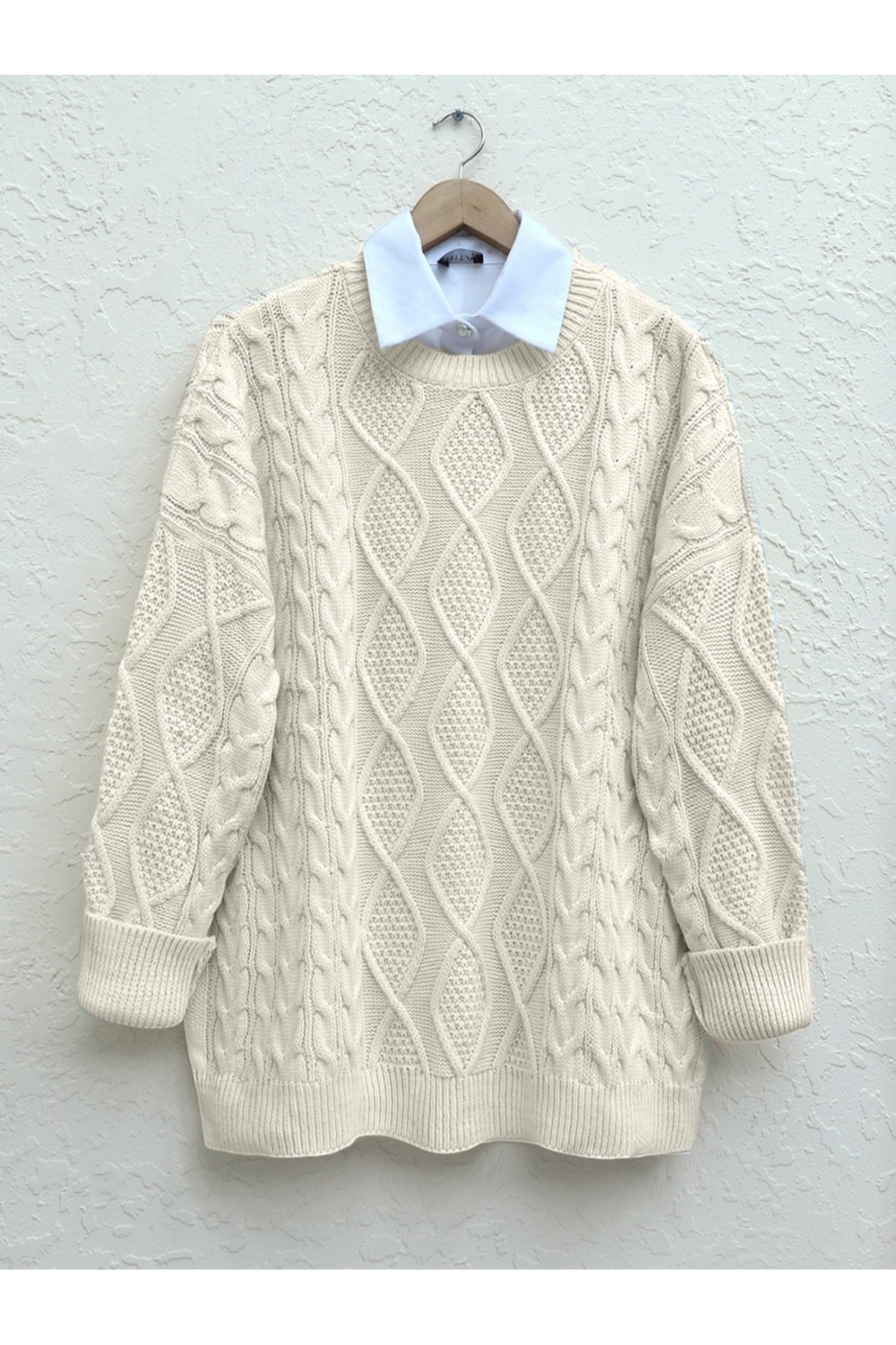 Petek Desen Kışlık Salaş Triko Kazak   -Taş