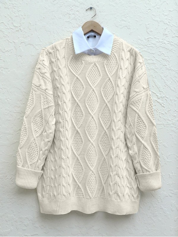 Petek Desen Kışlık Salaş Triko Kazak   -Taş