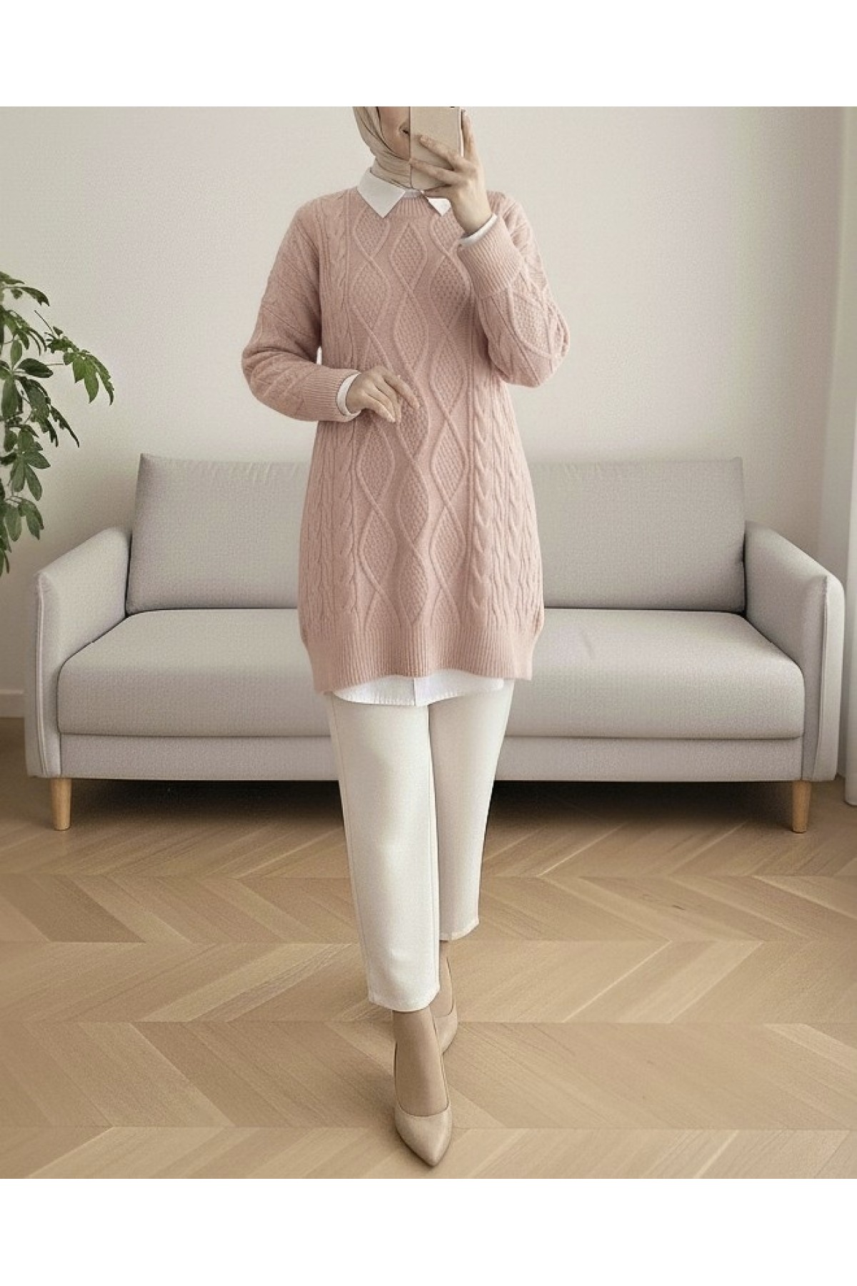 Petek Desen Kışlık Salaş Triko Kazak    -Pudra