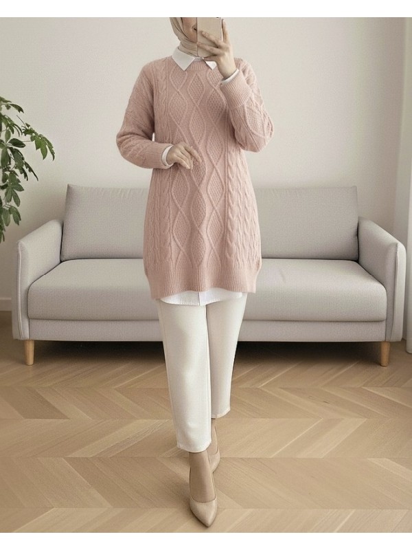 Petek Desen Kışlık Salaş Triko Kazak    -Pudra