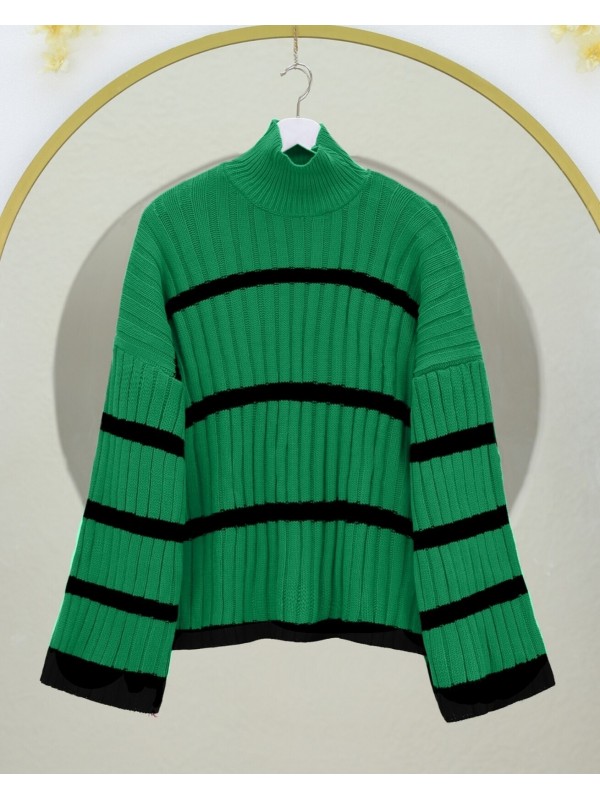 Salaş Kollu Çizgili Triko Kazak  -Orman Yş.