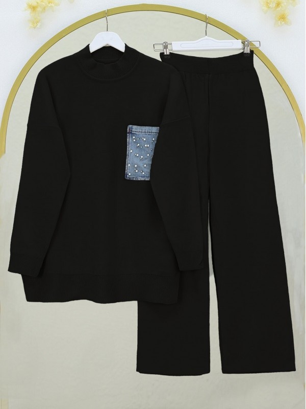 Tek Cepli İncili Triko Takım -Siyah