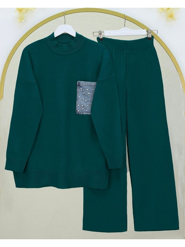 Tek Cepli İncili Triko Takım -Zümrüt
