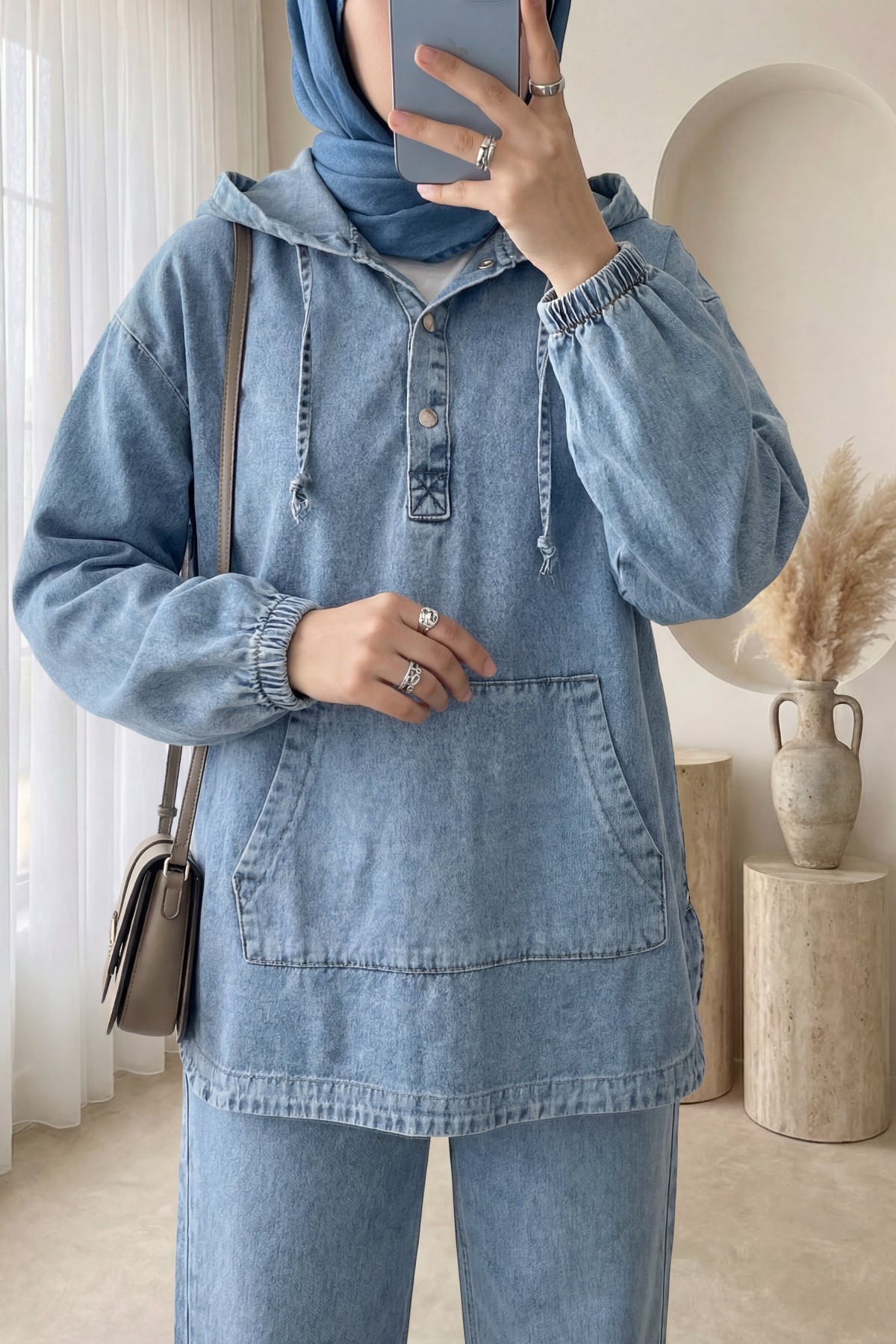 Kanguru Cepli Kapşonlu Önü Çıtçıtlı Kot Takım -Mavi