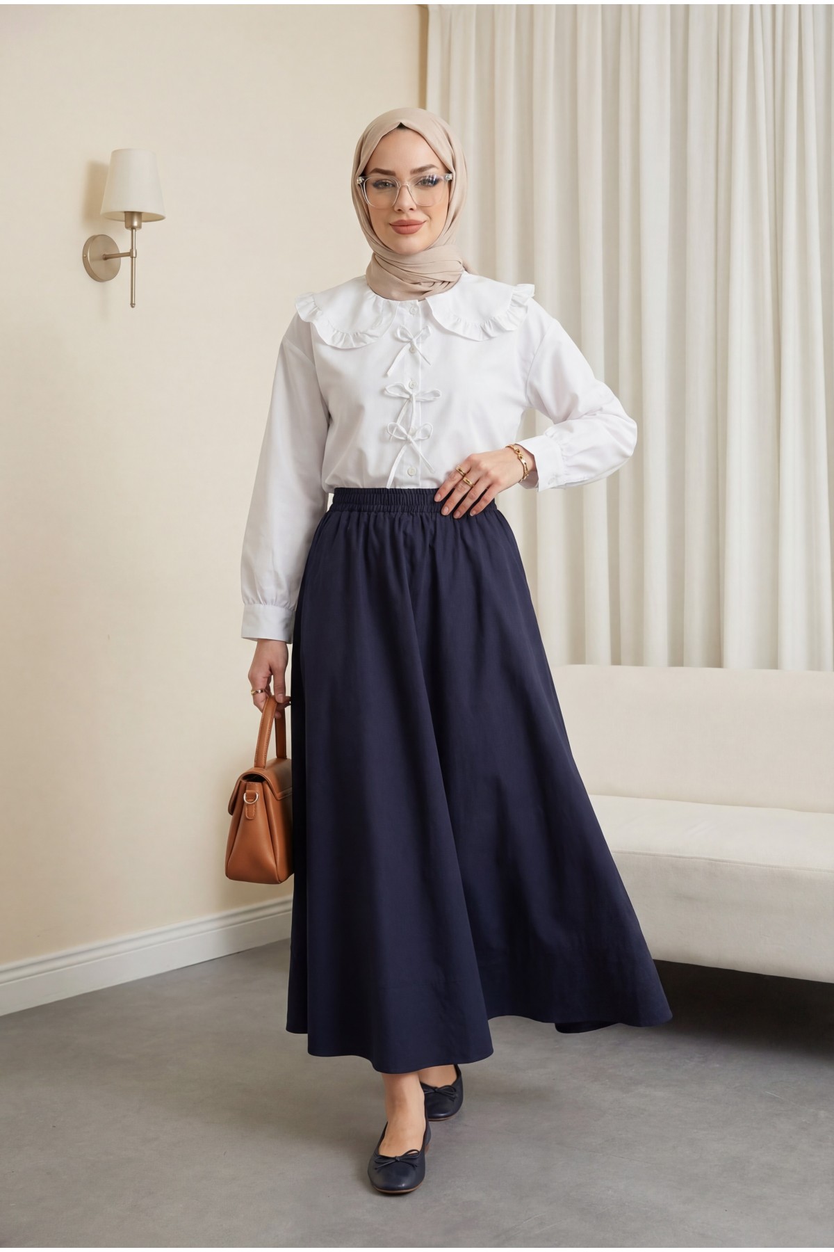 Bebe Yaka Kurdele Detaylı Gömlek     -Beyaz