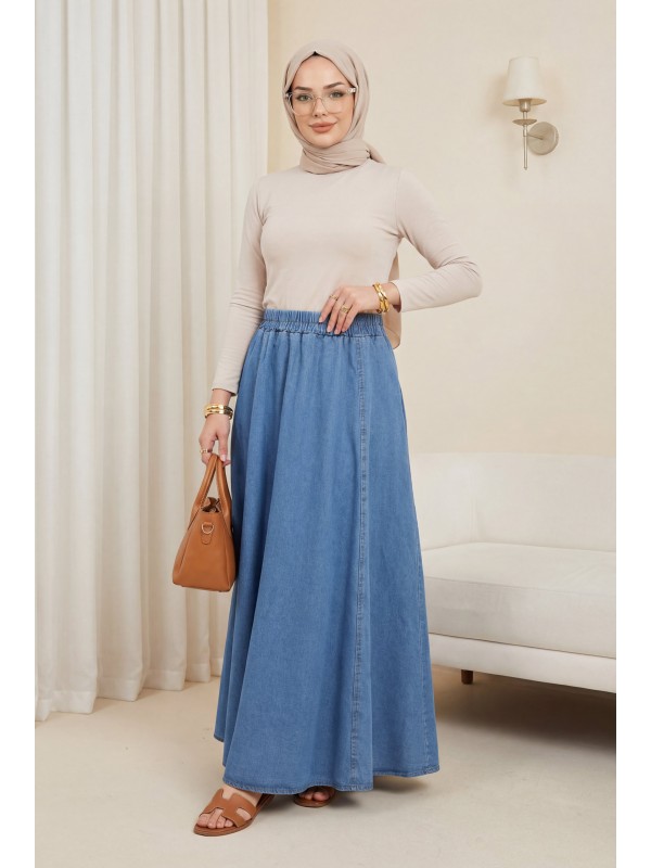Yan Cepli Beli Lastikli Kot Etek -Açık Mavi