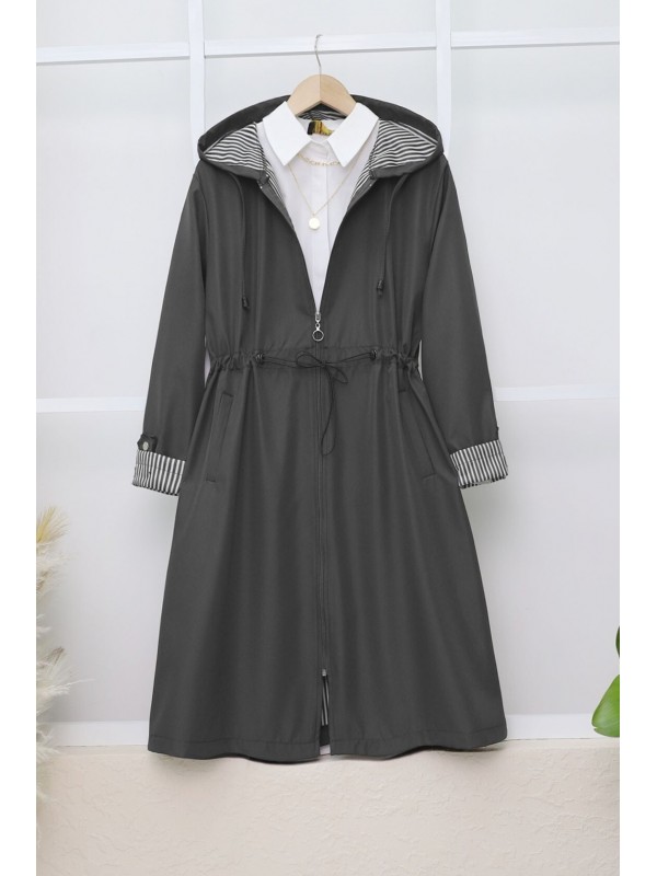 Beli Lastikli Kolu Katlamalı Kapşonlu Trenckot  -Antrasit