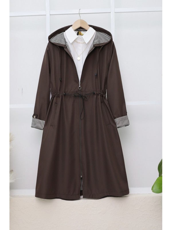 Beli Lastikli Kolu Katlamalı Kapşonlu Trenckot  -K. Kahve
