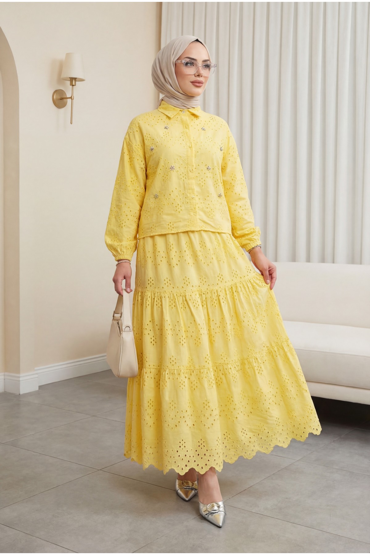 Fisto Detaylı Etekli Takım -Sarı