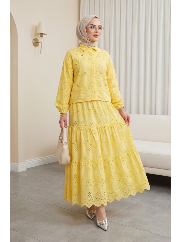 Fisto Detaylı Etekli Takım -Sarı