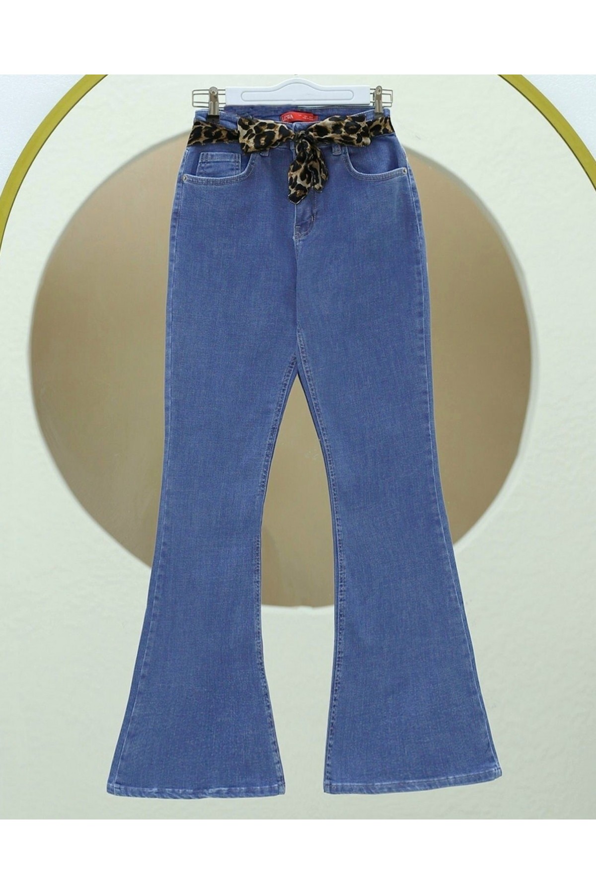 İspanyol Paça Fular Detaylı Kot Pntolon  -Mavi