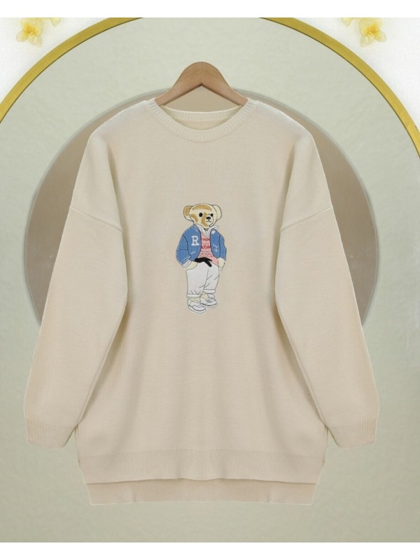 Ayıcık İşlemeli Arkası Uzun Triko Kazak -Krem