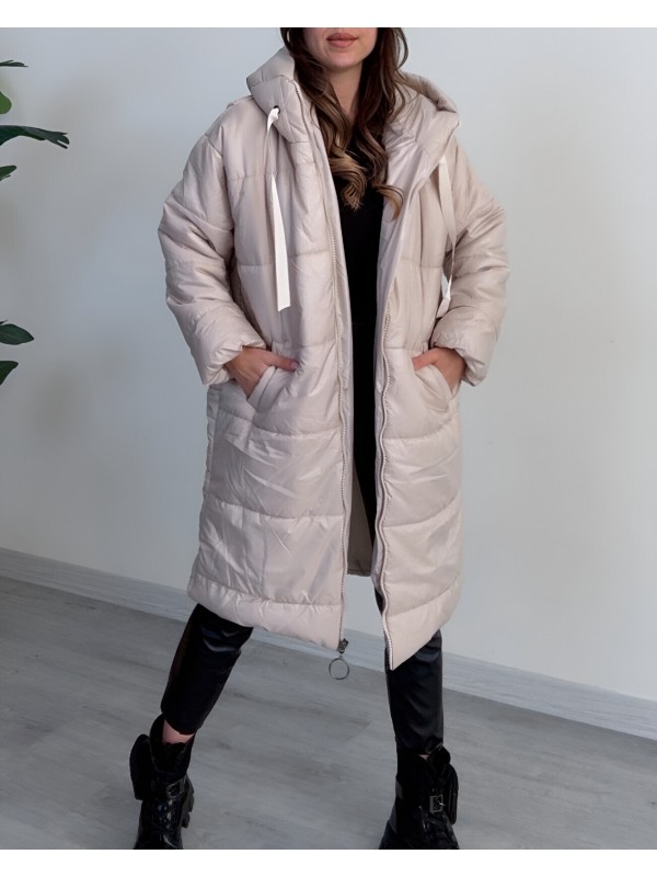 Kapşonlu Bağcık Detaylı Fermuarlı Şişme Mont -Ekru