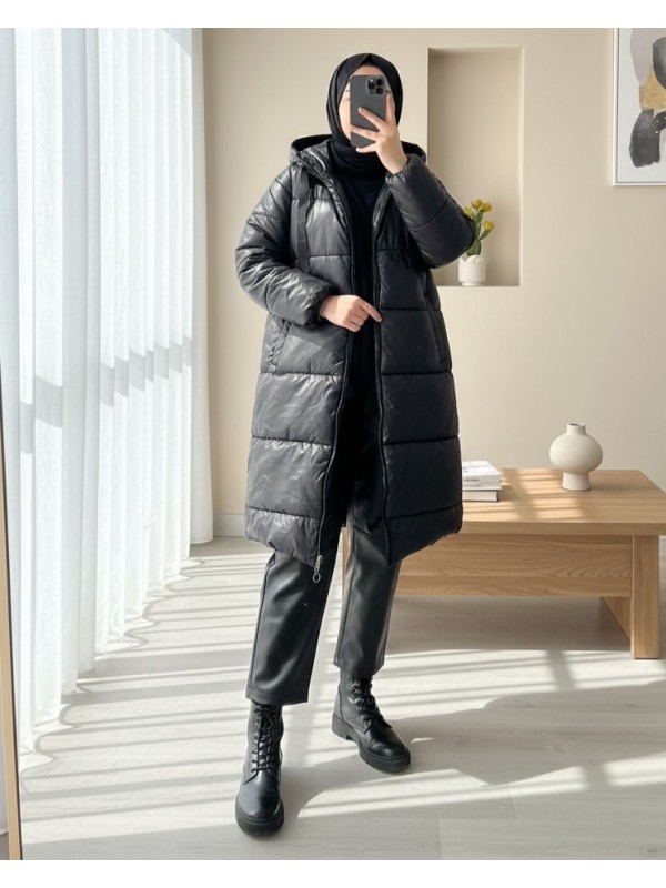 Kapşonlu Bağcık Detaylı Fermuarlı Şişme Mont -Siyah