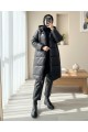 Kapşonlu Bağcık Detaylı Fermuarlı Şişme Mont -Siyah