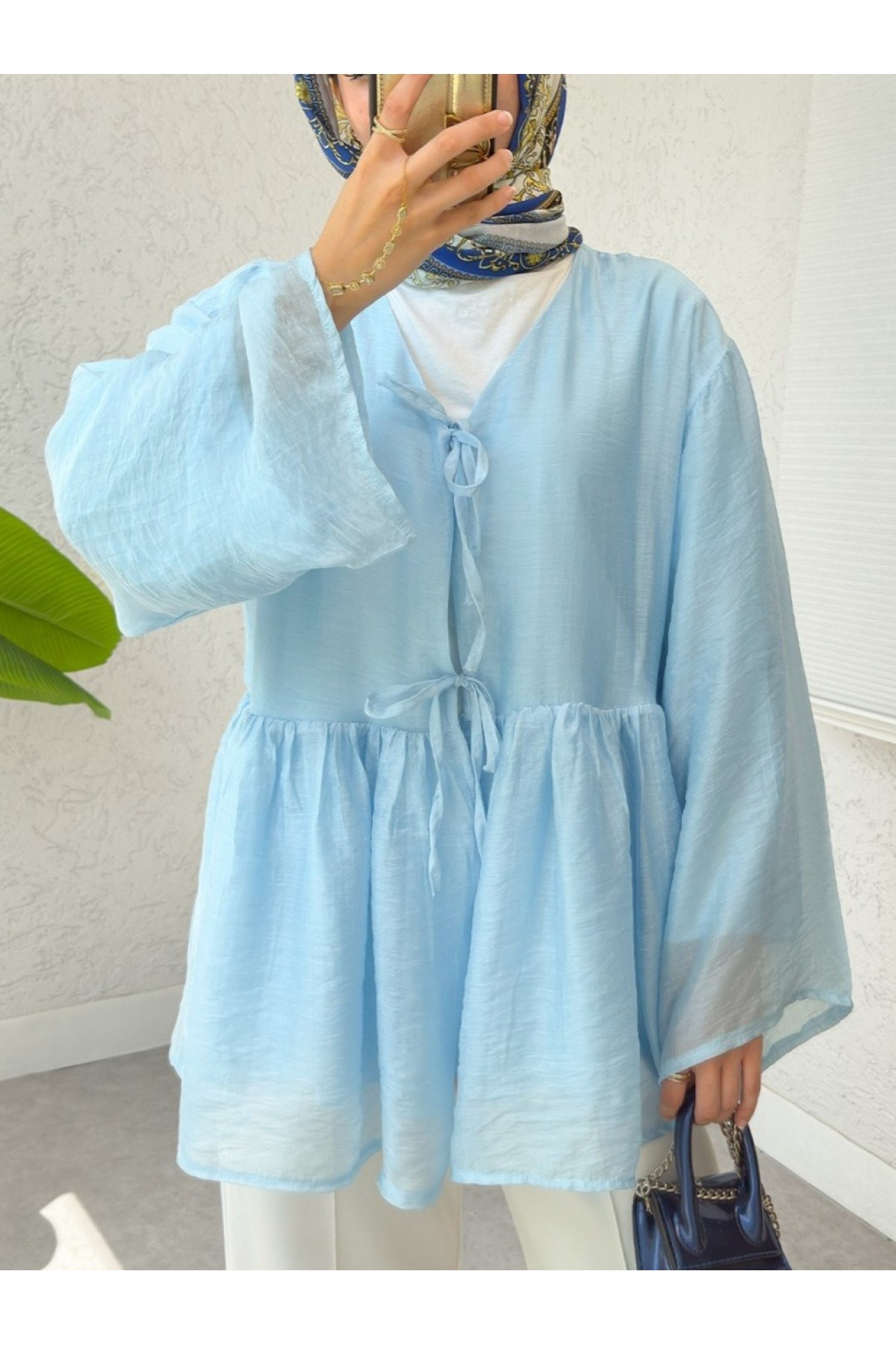 Çift Bağlamalı İçi Astarlı Modal Kimono -Bebe Mavi