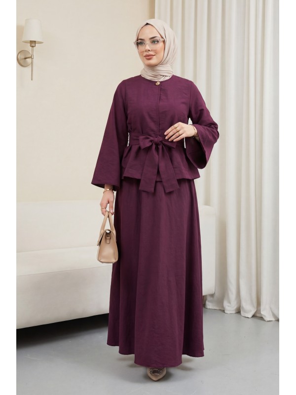 Tek Düğmeli Kuşaklı Etekliİkili Takım -Bordo