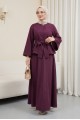 Tek Düğmeli Kuşaklı Etekliİkili Takım -Bordo