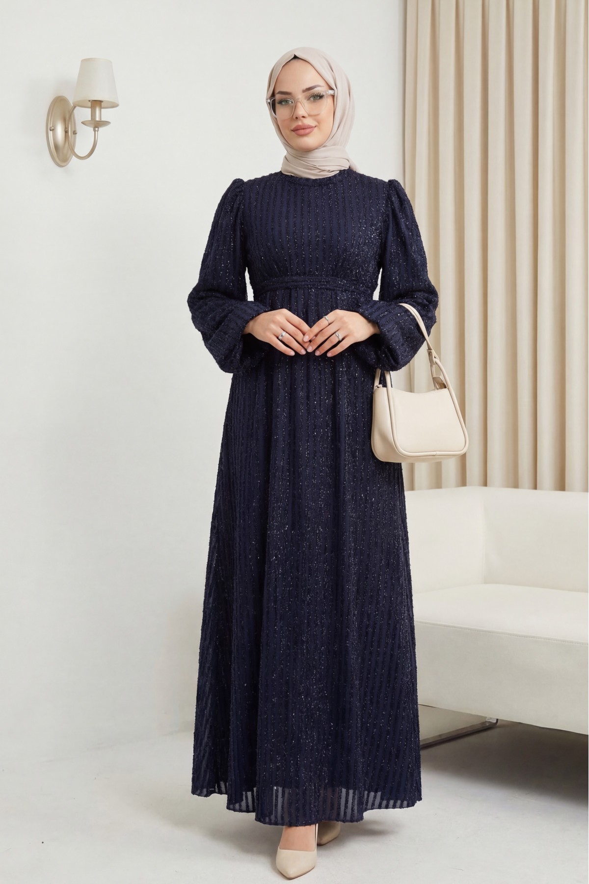 Kolu Lastikli Sim Çizgili Kemerli  Elbise -Laci