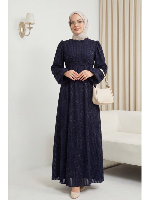 Kolu Lastikli Sim Çizgili Kemerli  Elbise -Laci