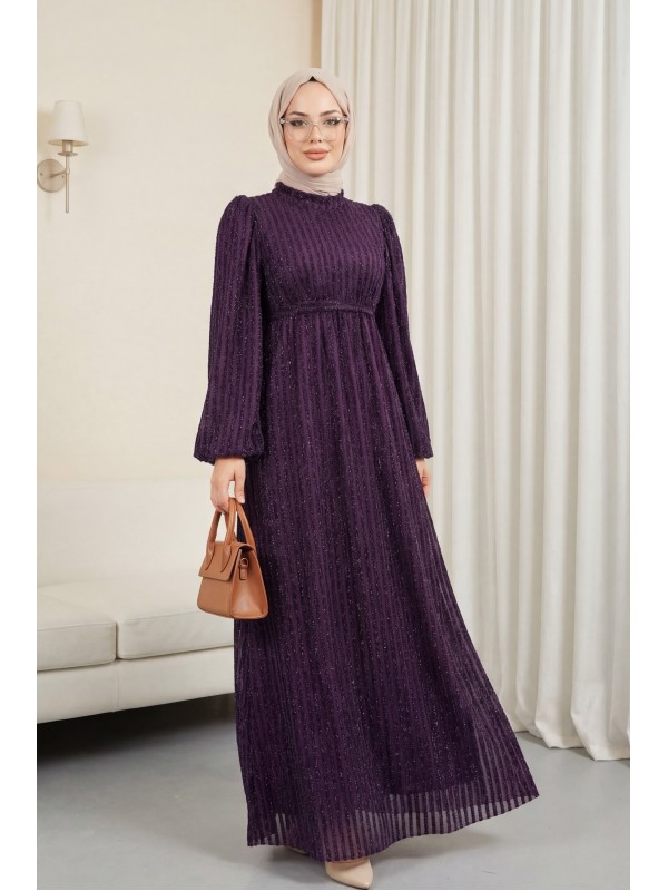 Kolu Lastikli Sim Çizgili Kemerli  Elbise -Mor