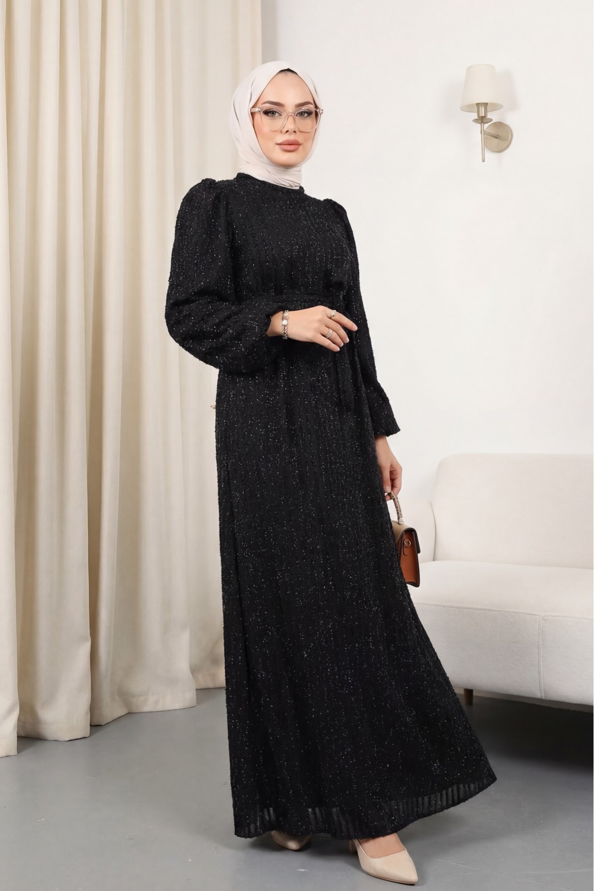 Kolu Lastikli Sim Çizgili Kemerli  Elbise -Siyah