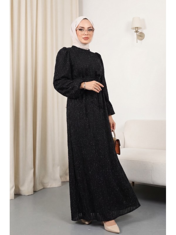 Kolu Lastikli Sim Çizgili Kemerli  Elbise -Siyah