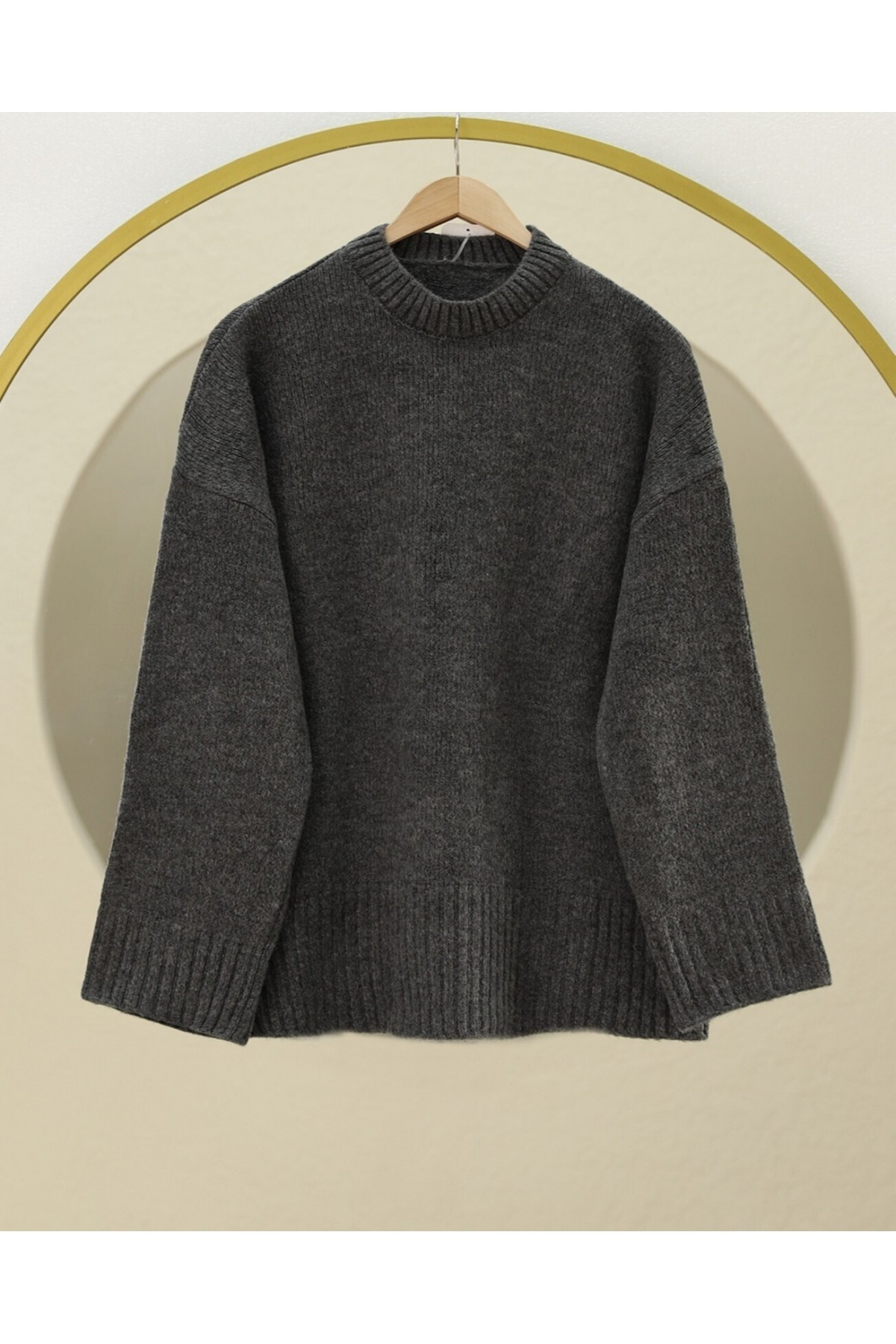 Bisiklet Yaka Eteği Fitilli Salaş Triko Kazak -Füme