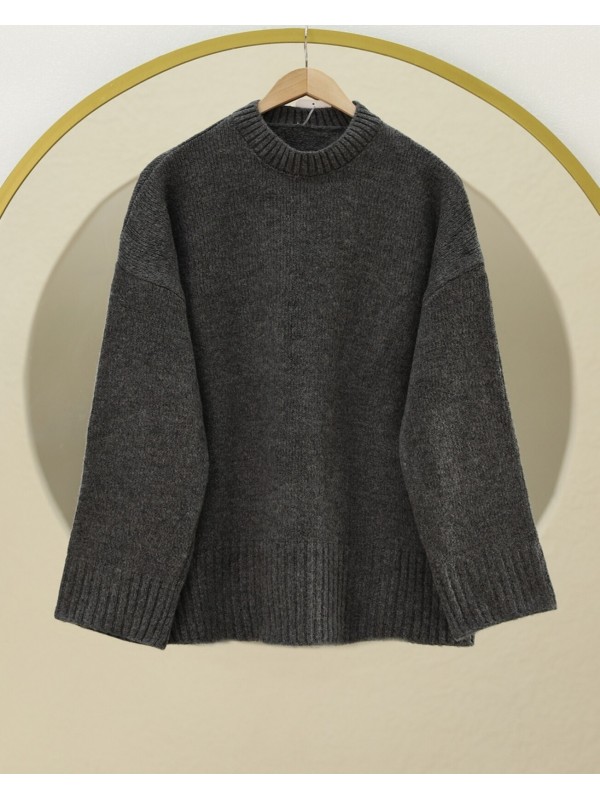 Bisiklet Yaka Eteği Fitilli Salaş Triko Kazak -Füme