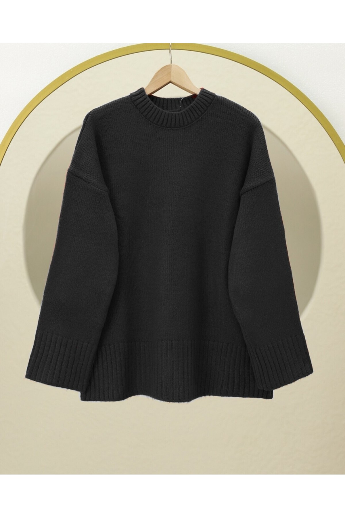 Bisiklet Yaka Eteği Fitilli Salaş Triko Kazak -Siyah