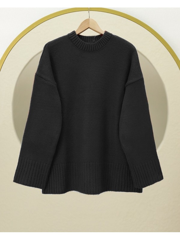 Bisiklet Yaka Eteği Fitilli Salaş Triko Kazak -Siyah