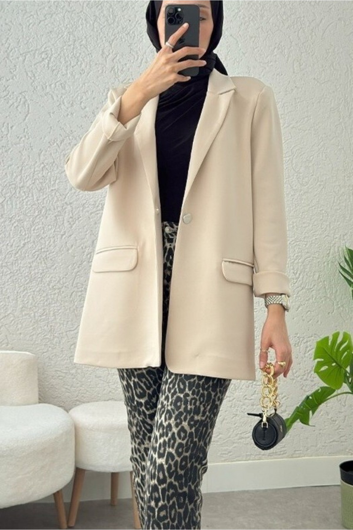 Cepli Tek Düğmeli Likralı Ceket  -Bej