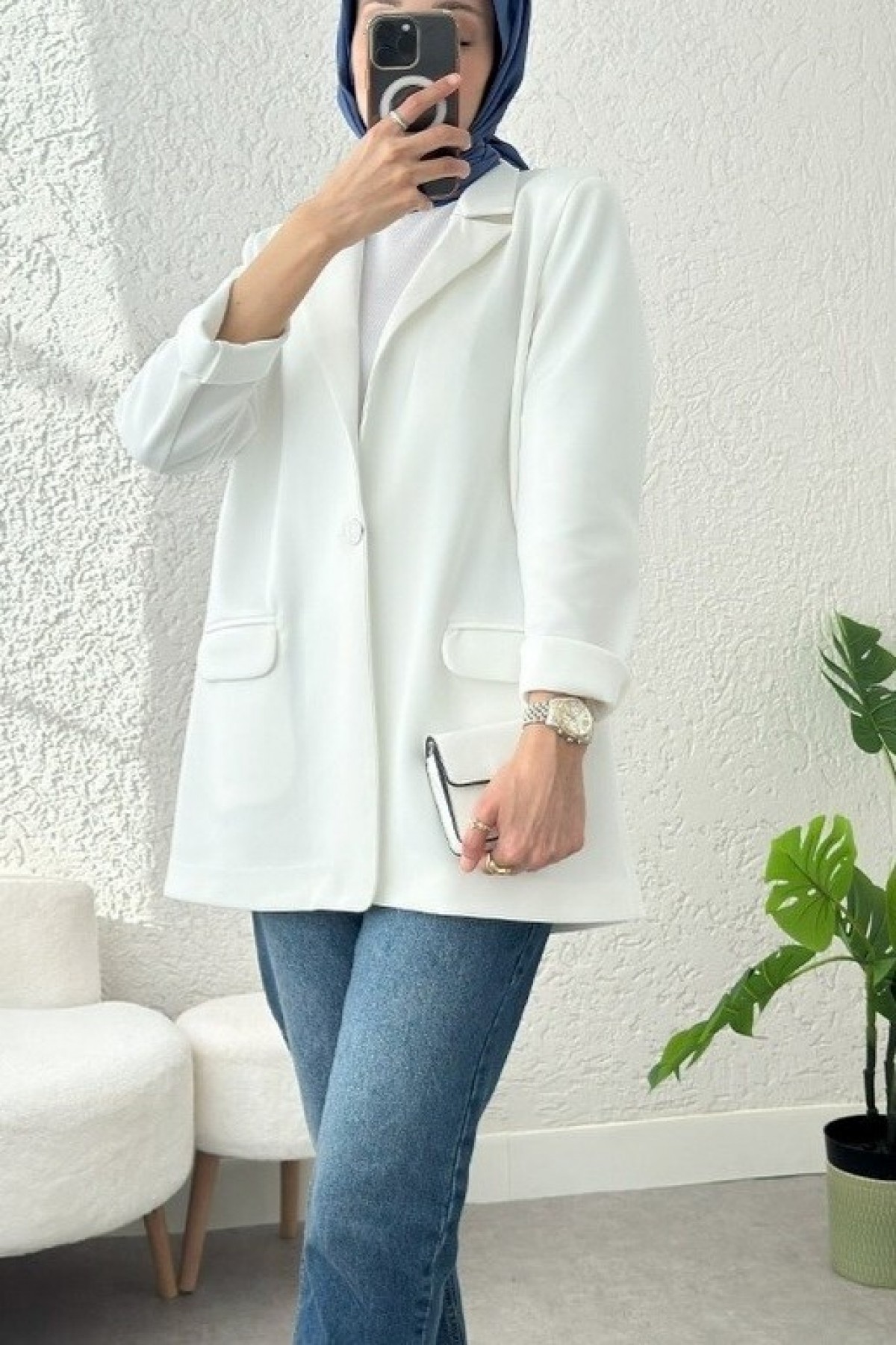 Cepli Tek Düğmeli Likralı Ceket  -Beyaz