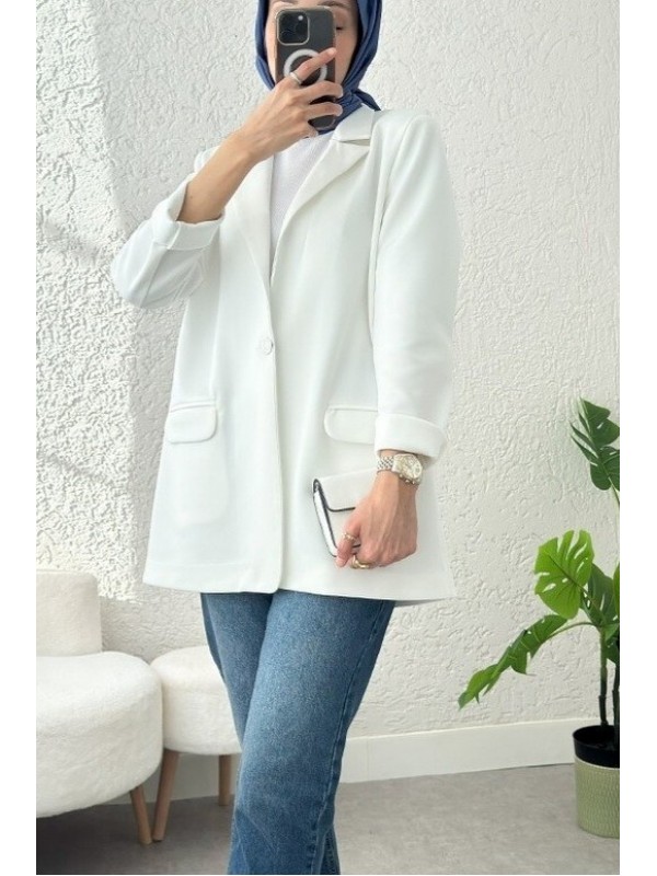Cepli Tek Düğmeli Likralı Ceket  -Beyaz