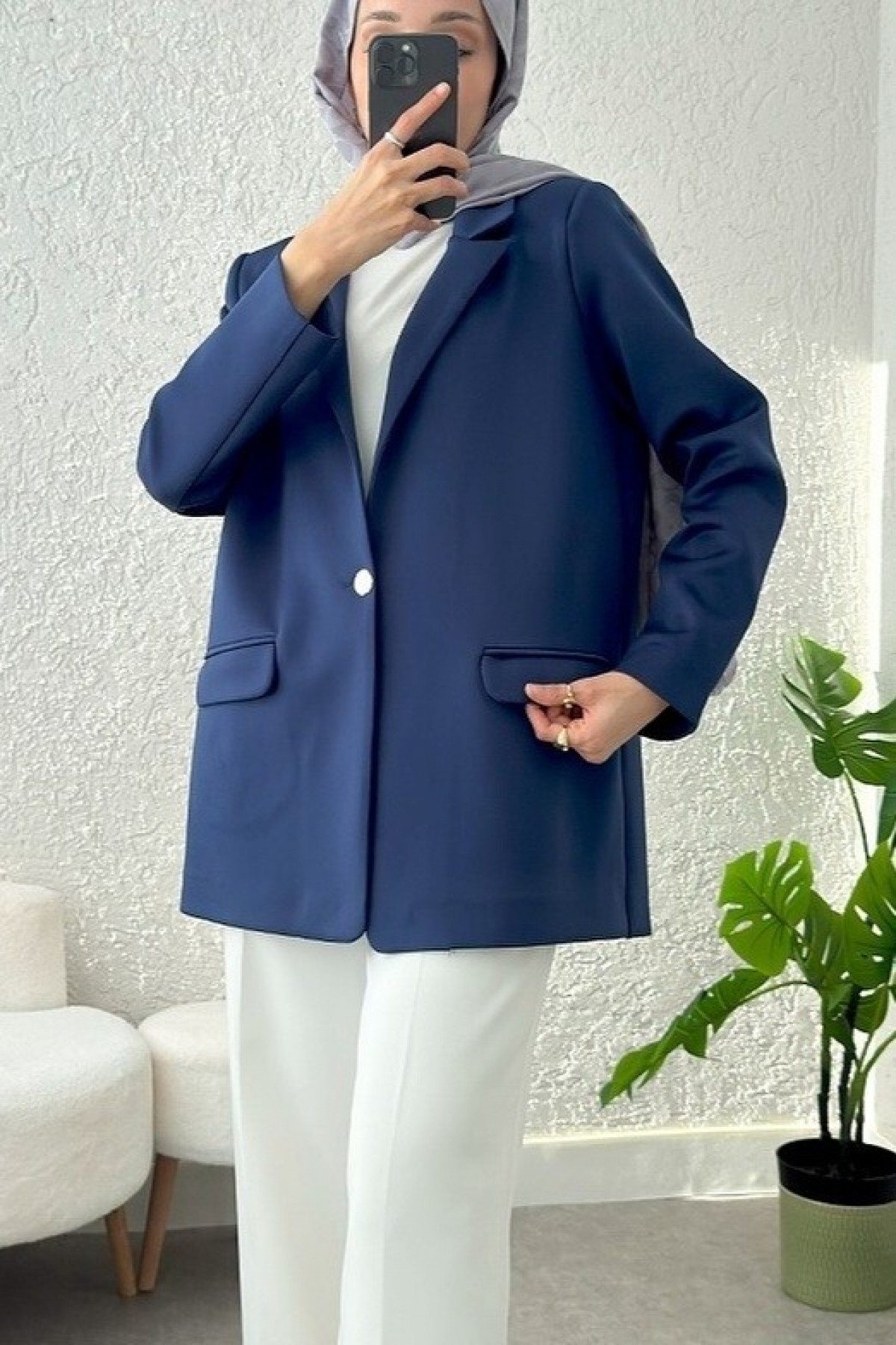 Cepli Tek Düğmeli Likralı Ceket  -Laci