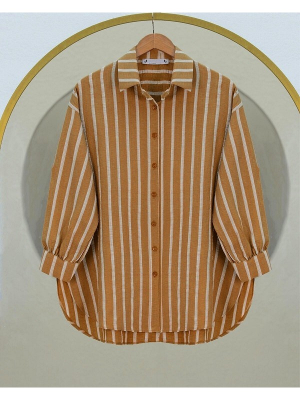 Boydan Düğmeli Arkası Uzun Çizgili Gömlek -Tarçın