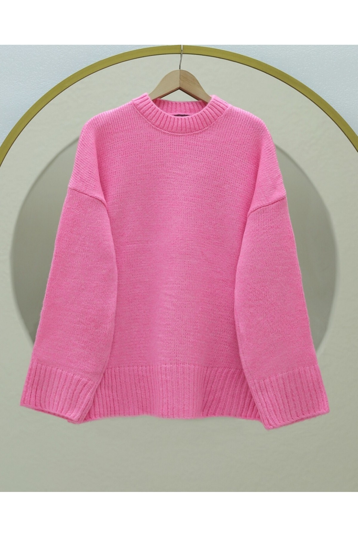 Bisiklet Yaka Eteği Fitilli Salaş Triko Kazak  -Pembe